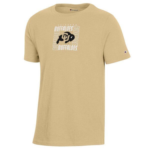 Vegas gold T-shirt with CU Buffaloes logo centered in white square design and repeating “Buffaloes” text, Champion logo on left sleeve.